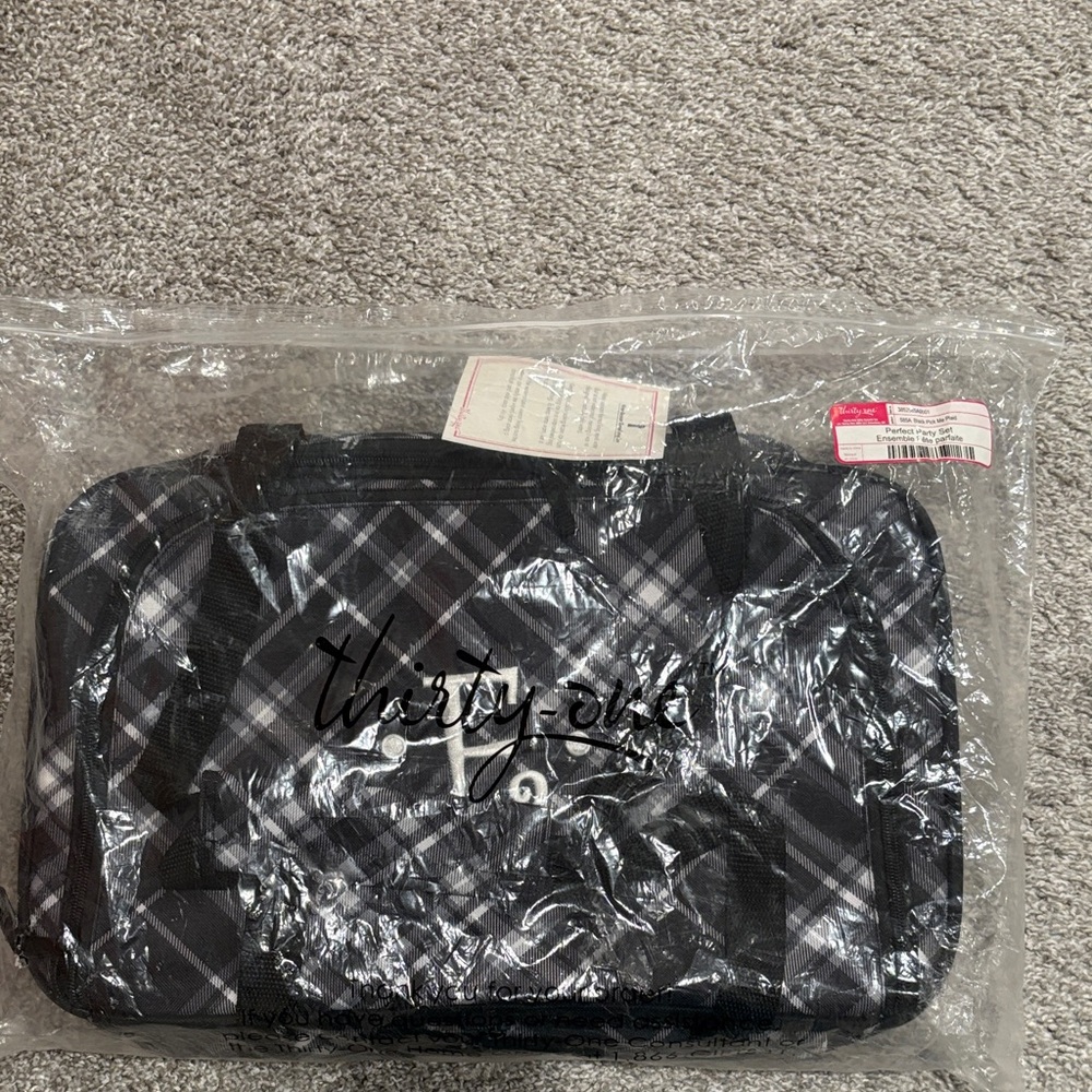 Thirty-One Black, Gray and White Plaid Perfect Party Set.